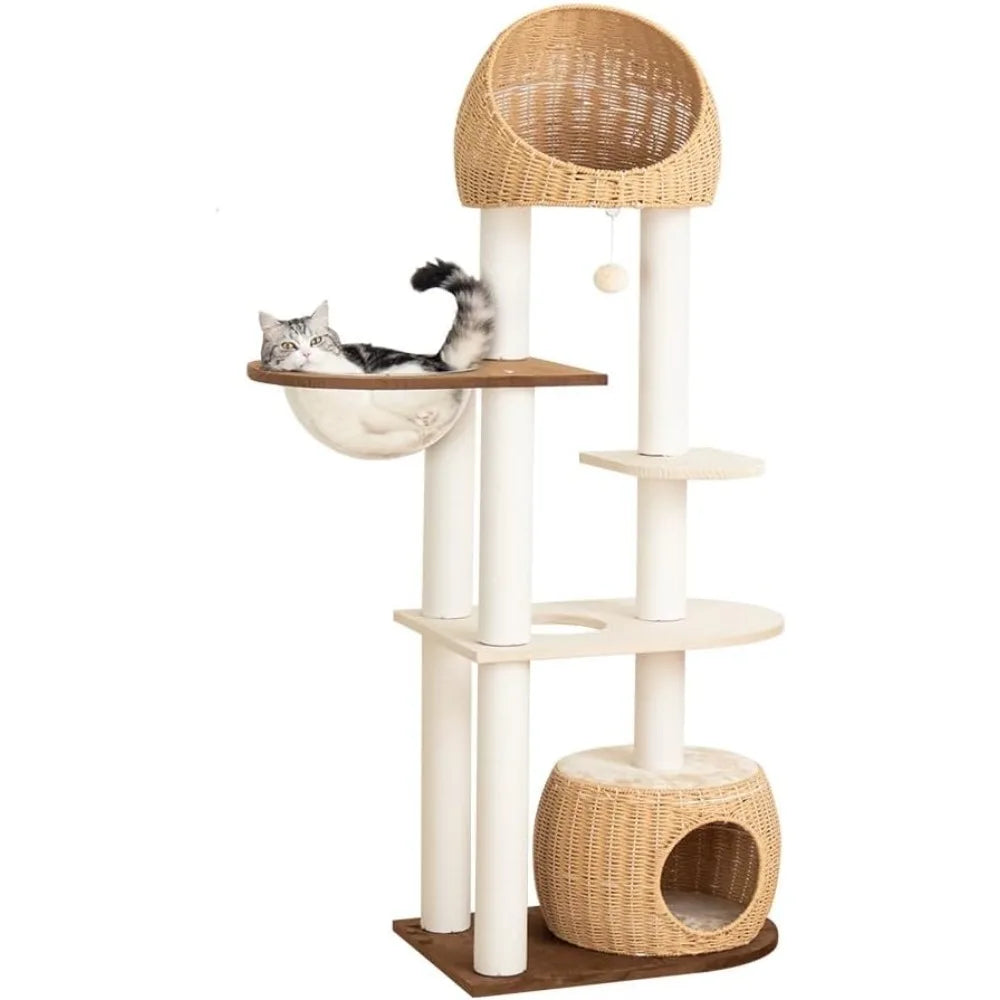 Wood Cat Tower 60 Inch with Woven Beds 5 Level Natural Cat Condo with Sisal Posts and Clear Bubble Lounge Multi Level Cat Furniture