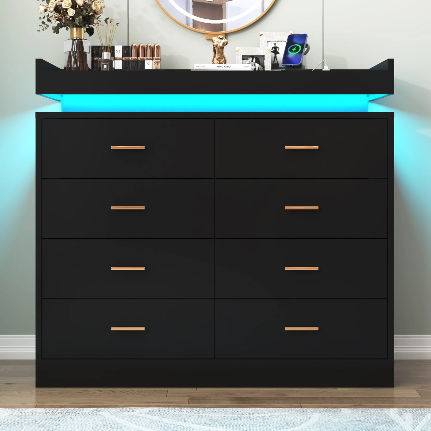 QiaoShiRen 8 Drawer Dresser With LED Lights For Bedroom