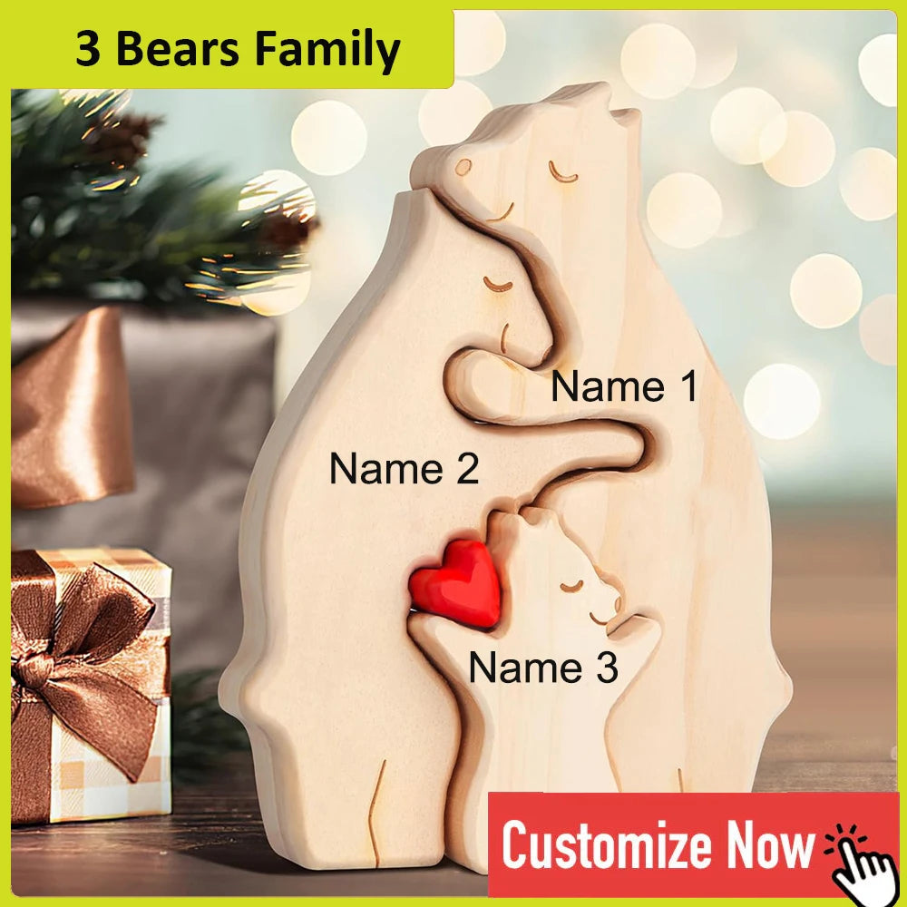 Personalized Custom Bear Family Wooden Puzzle DIY Free Engraving Name Desk Decor Figurine Christmas Birthday Gift