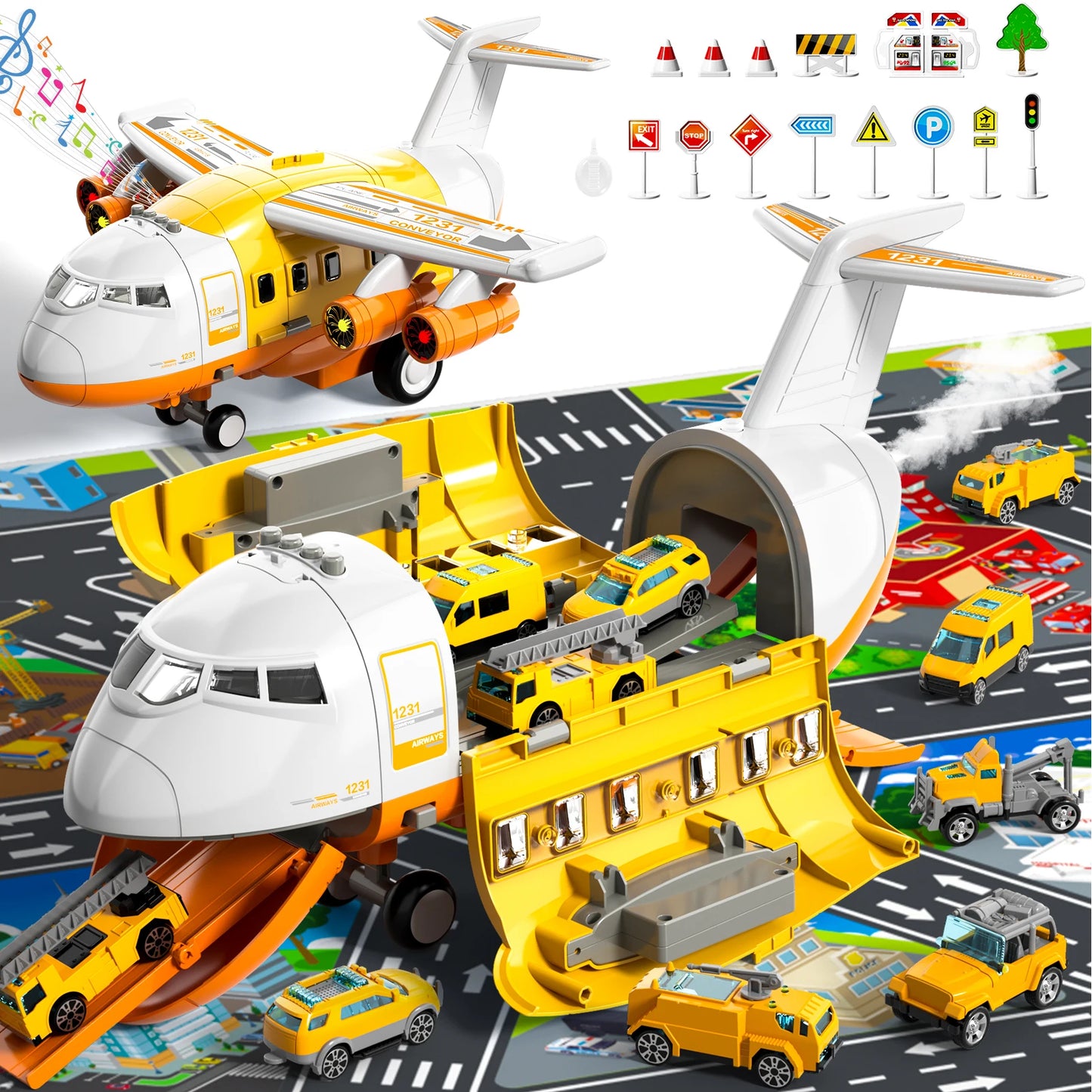 Airplane Kids Toys for Ages 4 to 8 Large Transport Spray Aeroplane with 10 Fire Truck Vehicles Birthday Gifts