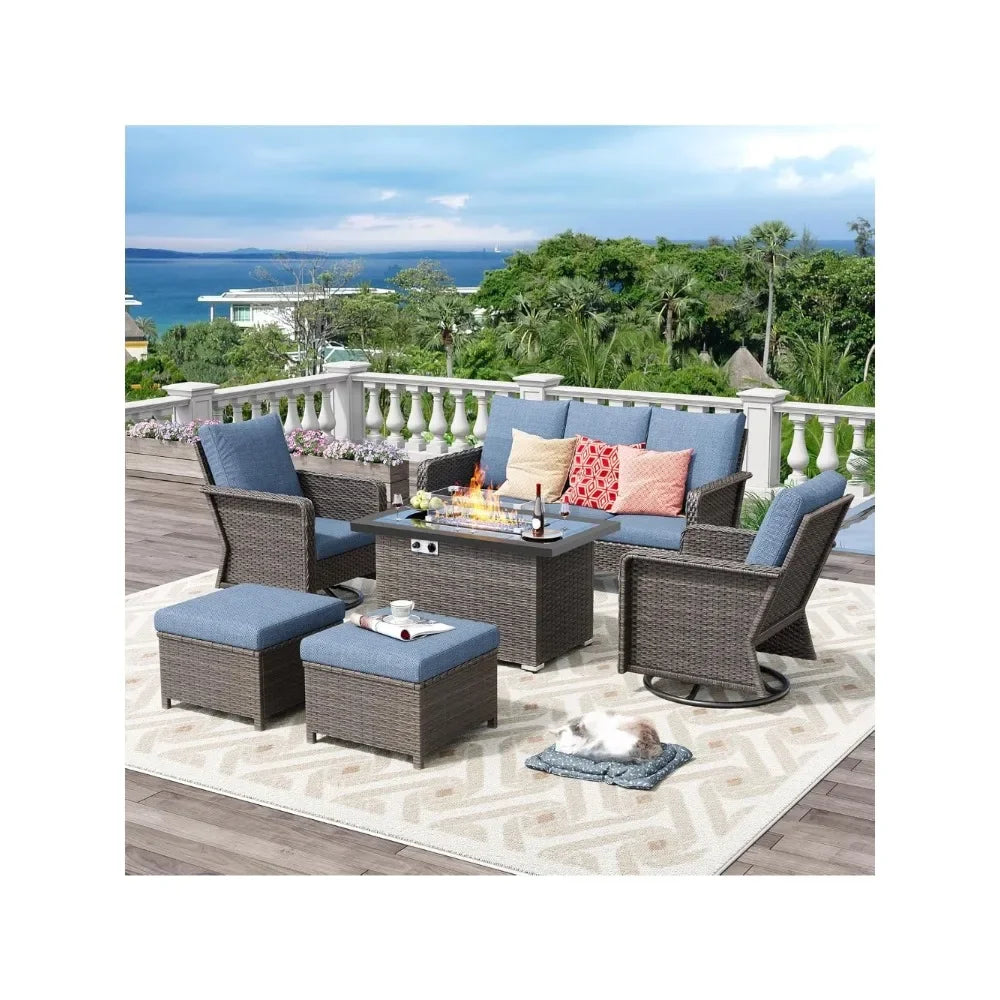 6 Piece Patio Furniture Set with Fire Pit Table 44 Inch Backyard Furniture with Swivel Chairs Loveseats and Ottoman Outdoor Patio