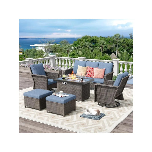 6 Piece Patio Furniture Set with Fire Pit Table 44 Inch Backyard Furniture with Swivel Chairs Loveseats and Ottoman Outdoor Patio