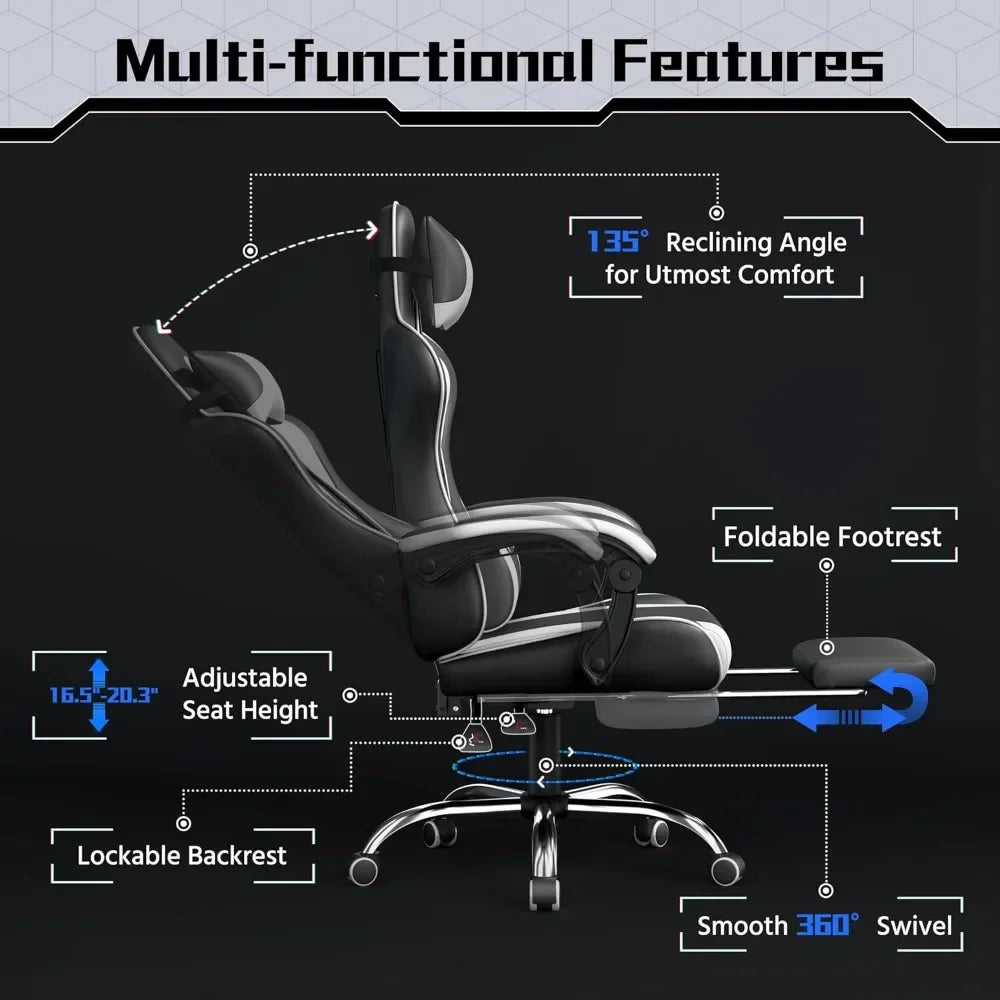 Ergonomic Gaming Chair with Swivel Seat and Headrest Adjustable Video Game Chair with Massage Lumbar Support and Footrest Height