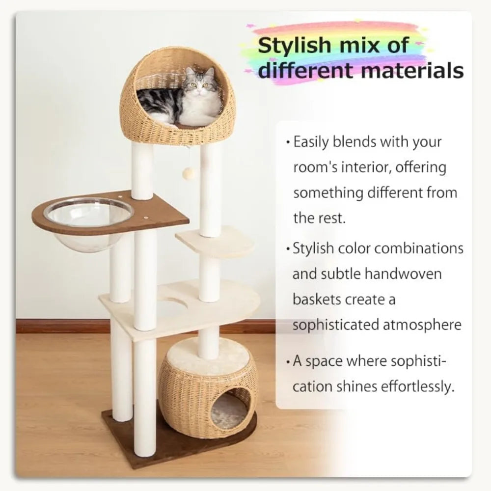 Wood Cat Tower 60 Inch with Woven Beds 5 Level Natural Cat Condo with Sisal Posts and Clear Bubble Lounge Multi Level Cat Furniture
