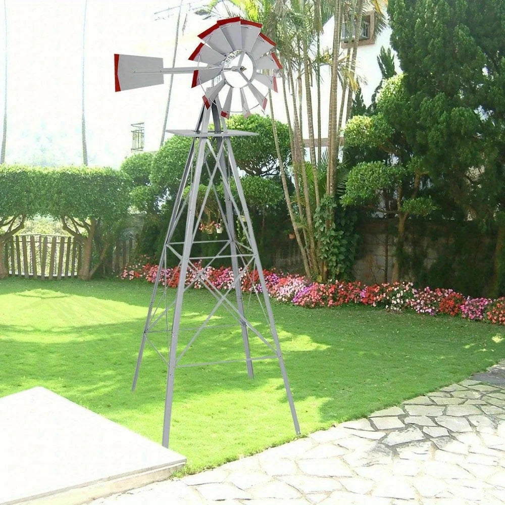 8 Foot Windmill Decorated Garden Weather Wheel Weather Resistant Metal Windmill