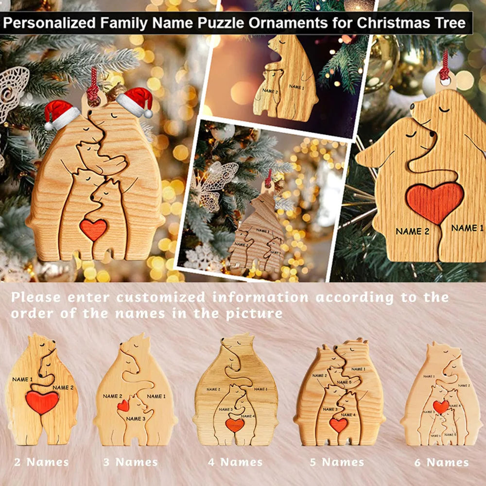 Personalized Custom Bear Family Wooden Puzzle DIY Free Engraving Name Desk Decor Figurine Christmas Birthday Gift