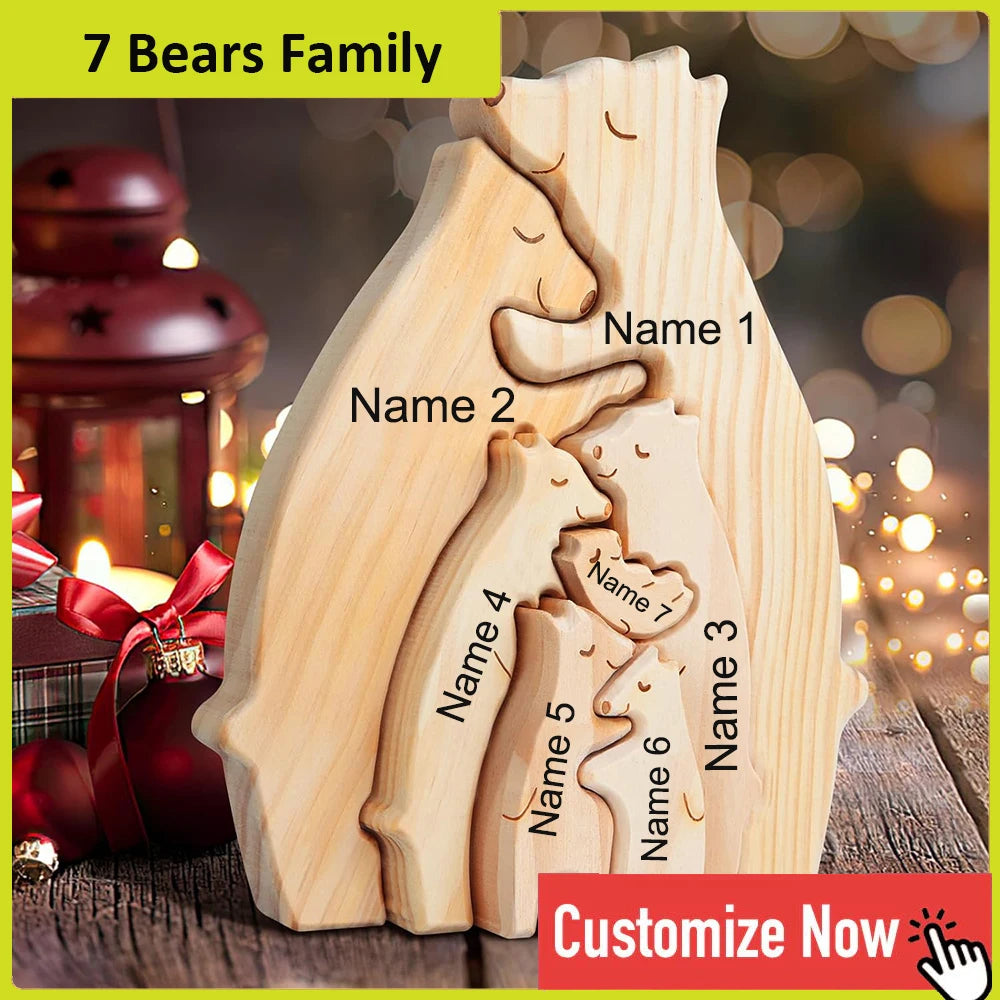 Personalized Custom Bear Family Wooden Puzzle DIY Free Engraving Name Desk Decor Figurine Christmas Birthday Gift