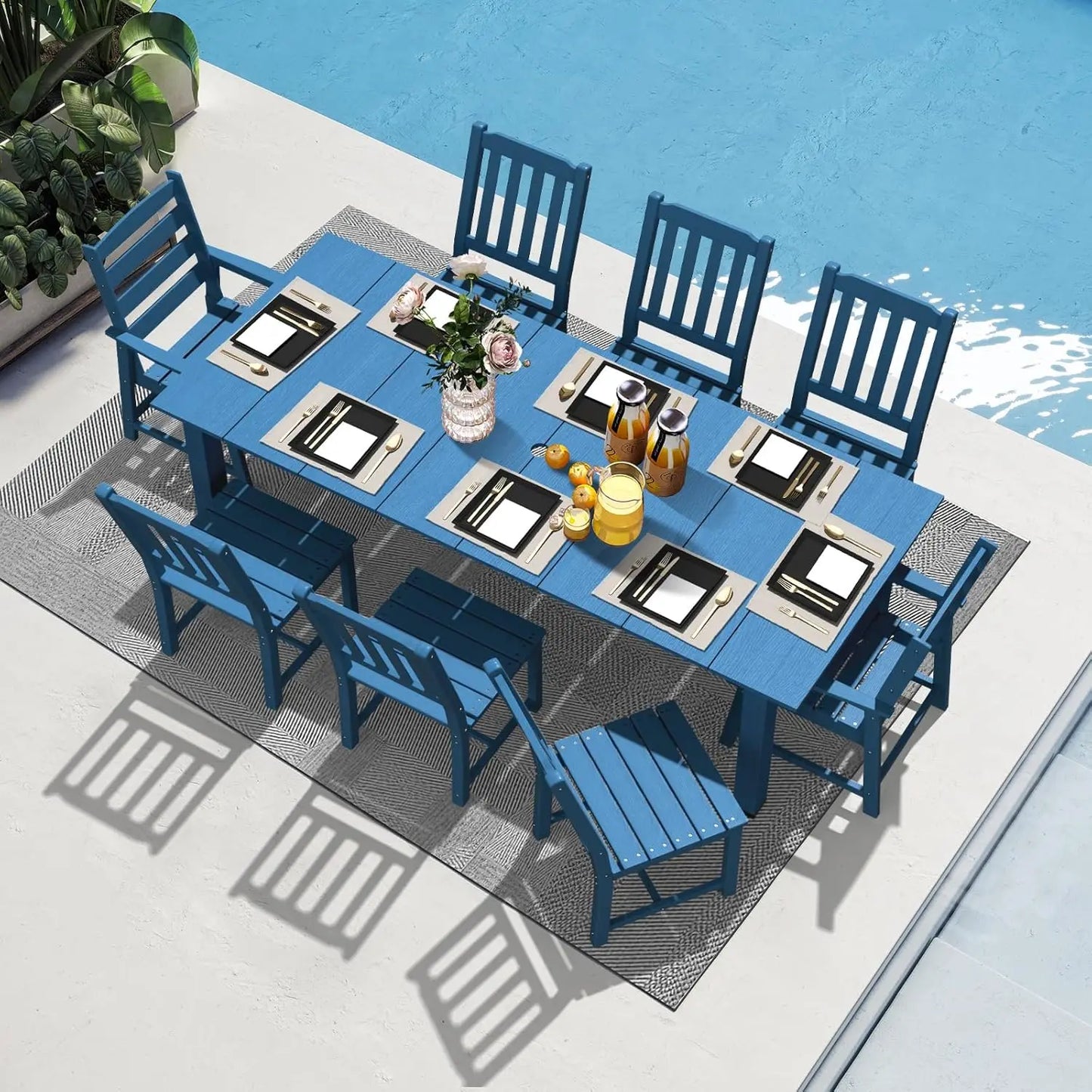 9 Pieces Patio Dining Set Outdoor HDPE Furniture Set with 2 Inch Hole Cut Out Dining Table and 8 Patio Chairs