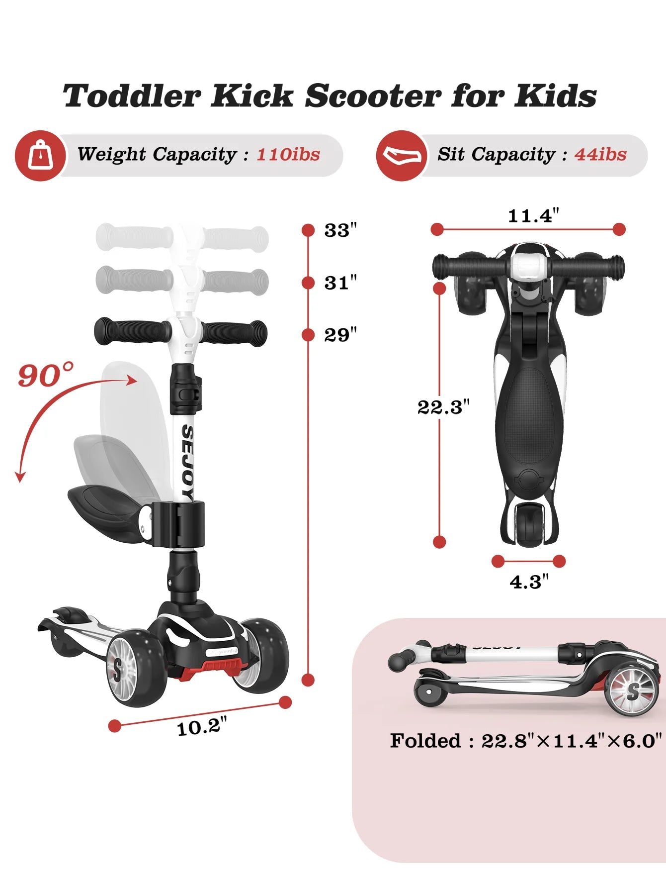 Sejoy Three Wheel Kick Scooter With LED Lights For Kids