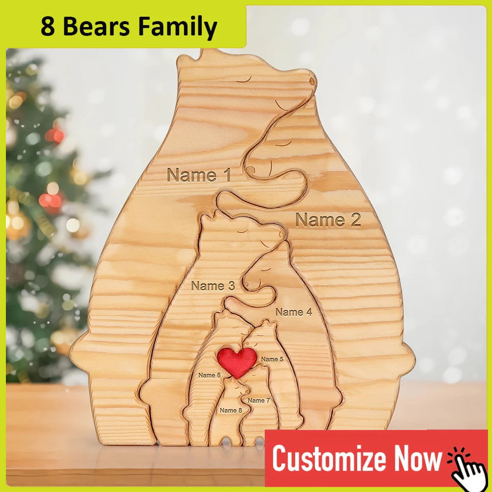 Personalized Custom Bear Family Wooden Puzzle DIY Free Engraving Name Desk Decor Figurine Christmas Birthday Gift