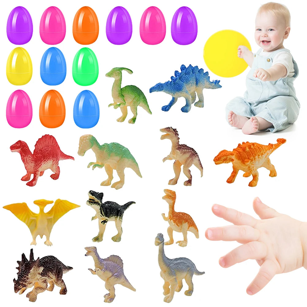 12Pcs Prefilled Easter Eggs with Dinosaur Toys Easter Basket Stuffers Surprise Easter Eggs for Kids Easter Egg Hunt Game