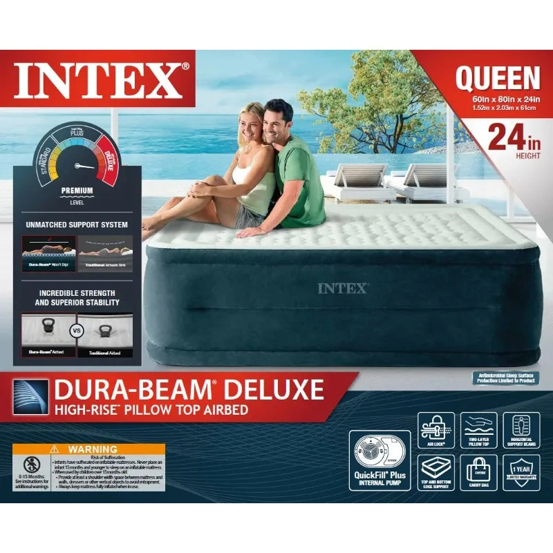 Intex 24 Inch Dream Lux Pillow Top Dura Beam Airbed Mattress with Built in Pump for Travel and Camping 600 Pound Weight Capacity