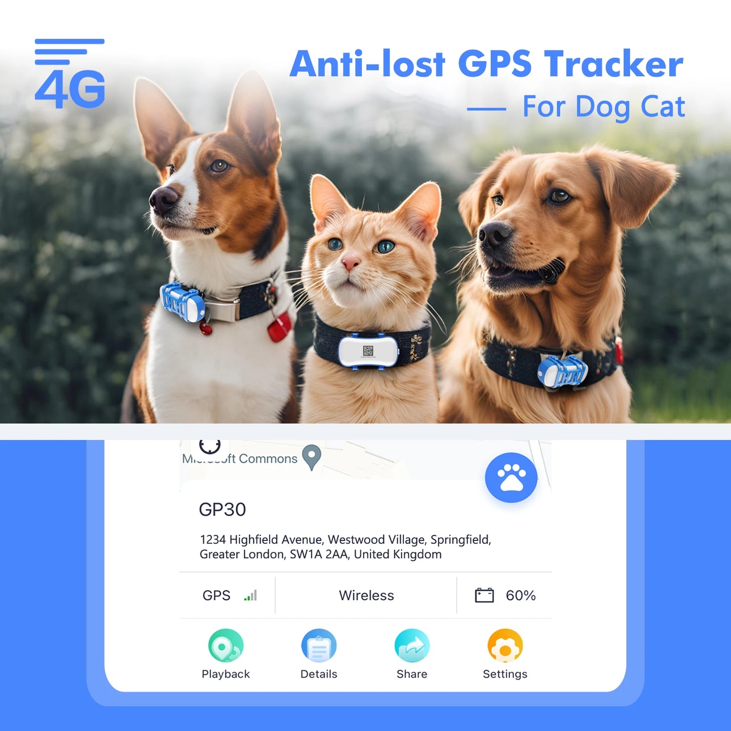 4G Dog Cat GPS Tracker for Pets Waterproof Smart Locator with App Live Tracking and Light Sound Search with Subscription