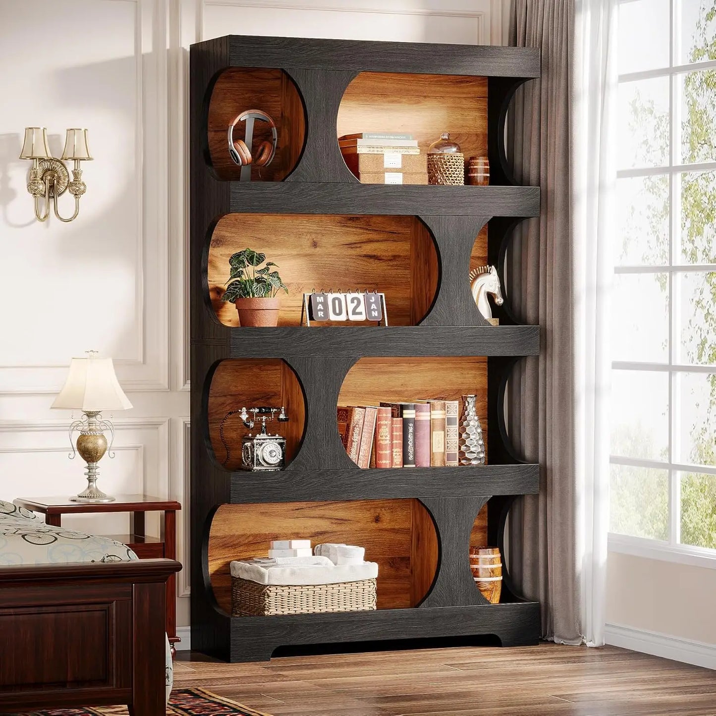Black Bookcase Modern Bookshelf 4 Tier Freestanding Display Shelf Classic Shape for Living Room Home Office