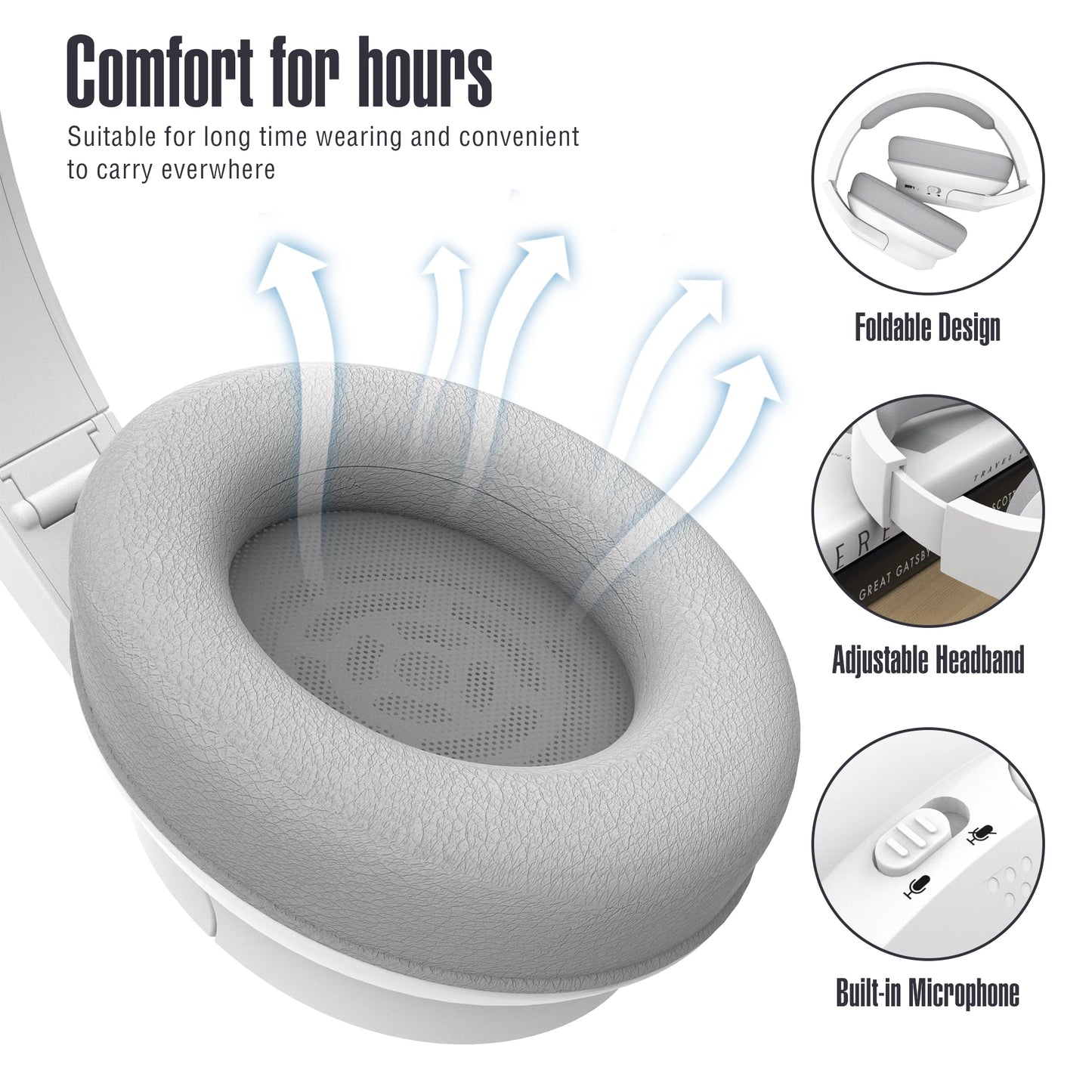 Bluetooth Wireless Over Ear Headphones with 60 Hour Playtime and Microphone HiFi Stereo Foldable Lightweight Headphones