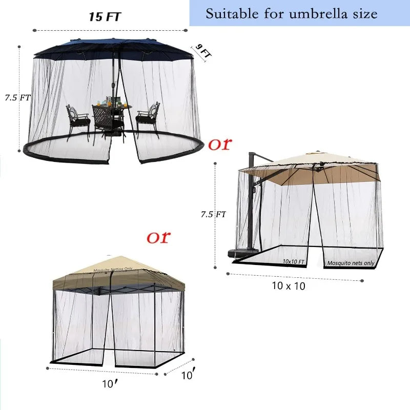 15Ft Mosquito Netting for Patio Double-Sided Umbrella Large Outdoor Screen Mesh with Double Zipper