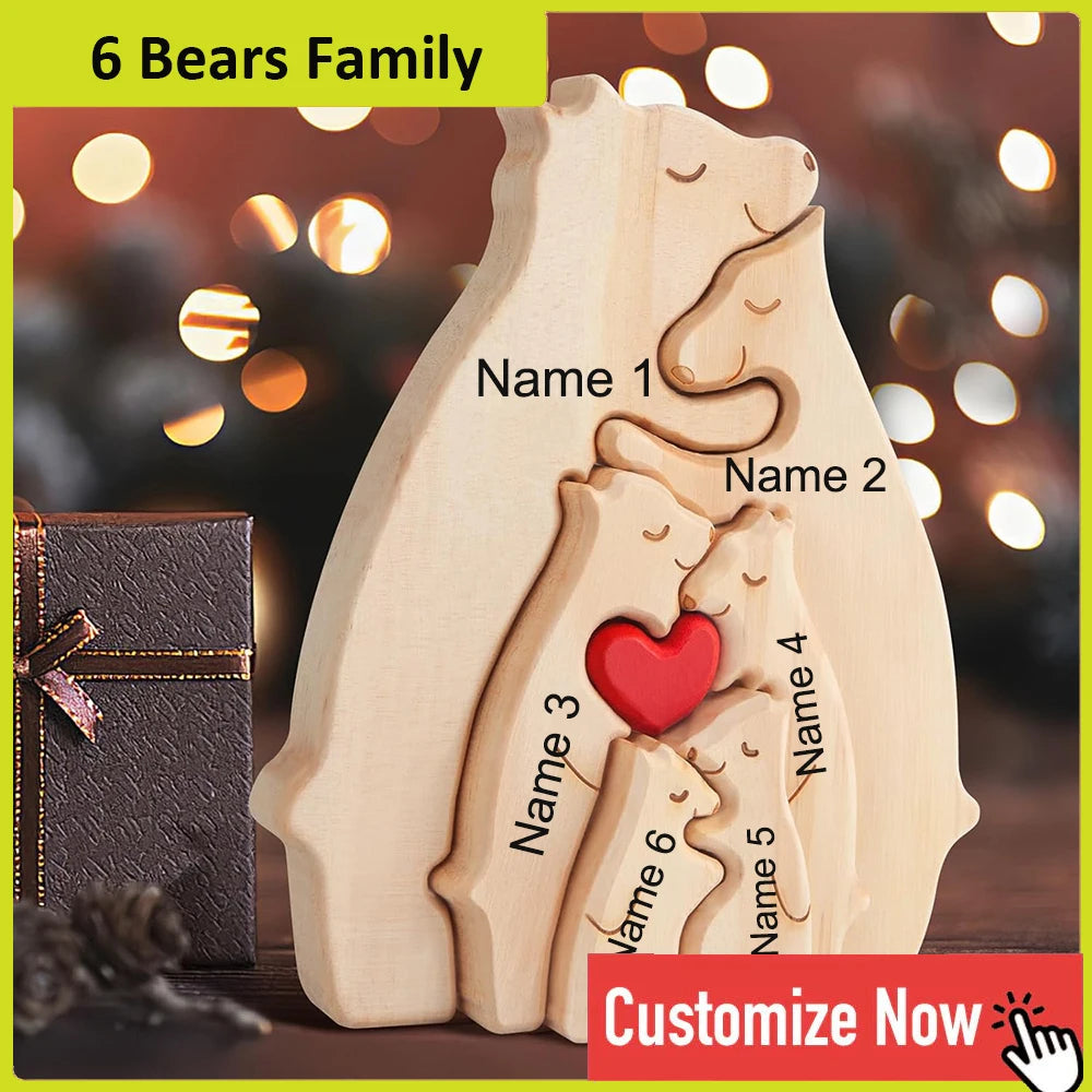 Personalized Custom Bear Family Wooden Puzzle DIY Free Engraving Name Desk Decor Figurine Christmas Birthday Gift