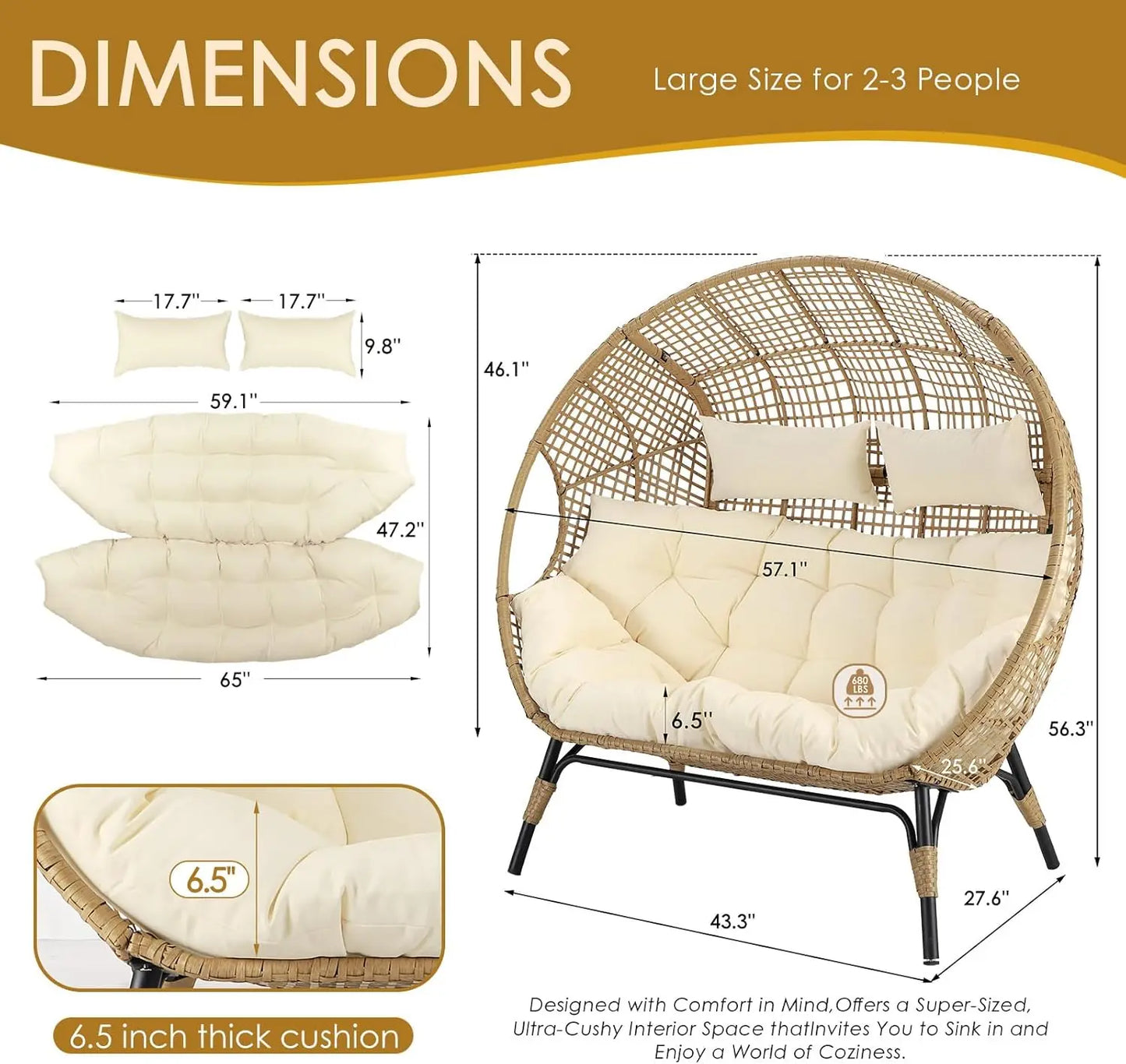 Double Egg Chair Indoor Outdoor Stationary Oversized Padded Cushions Two Person Egg Loveseat Chair 680 Pounds Extra Large Lounge Chair for Patio Balcony Porch Backyard Beige