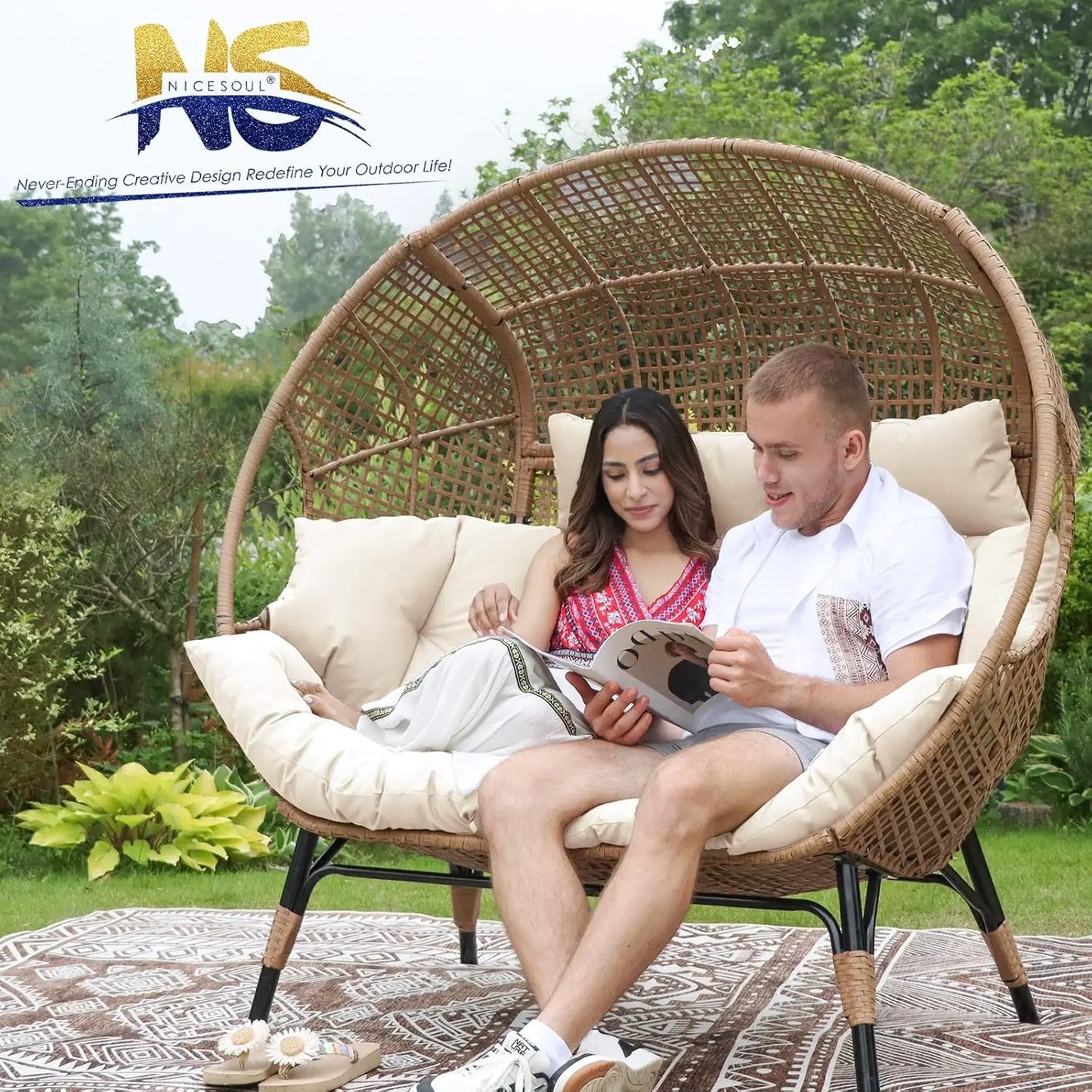 Double Egg Chair Indoor Outdoor Stationary Oversized Padded Cushions Two Person Egg Loveseat Chair 680 Pounds Extra Large Lounge Chair for Patio Balcony Porch Backyard Beige