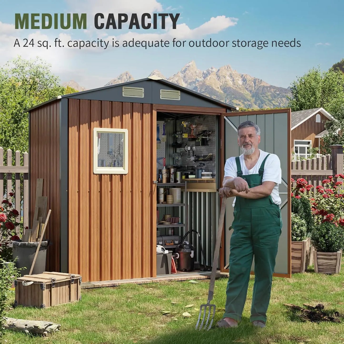 Outdoor Storage Shed 6x4 Ft Lockable Metal Garden Shed with Window Tool Shed Tiny House Vertical Storage Building for Backyard Lawn Patio and Bike