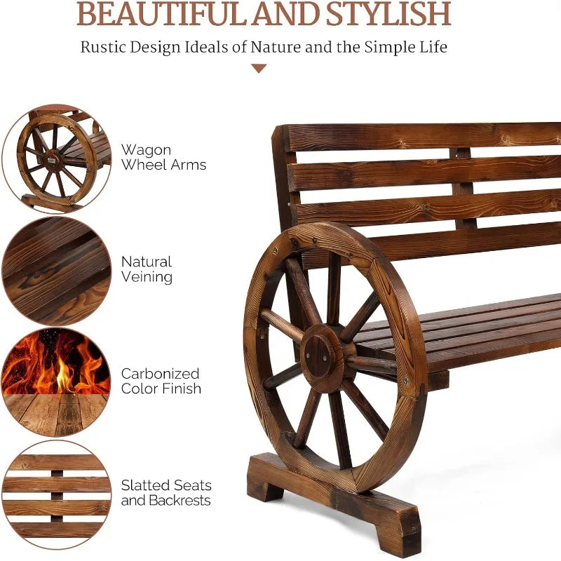 Hign Concerned Rustic Wooden Wheel Wagon Bench Outdoor