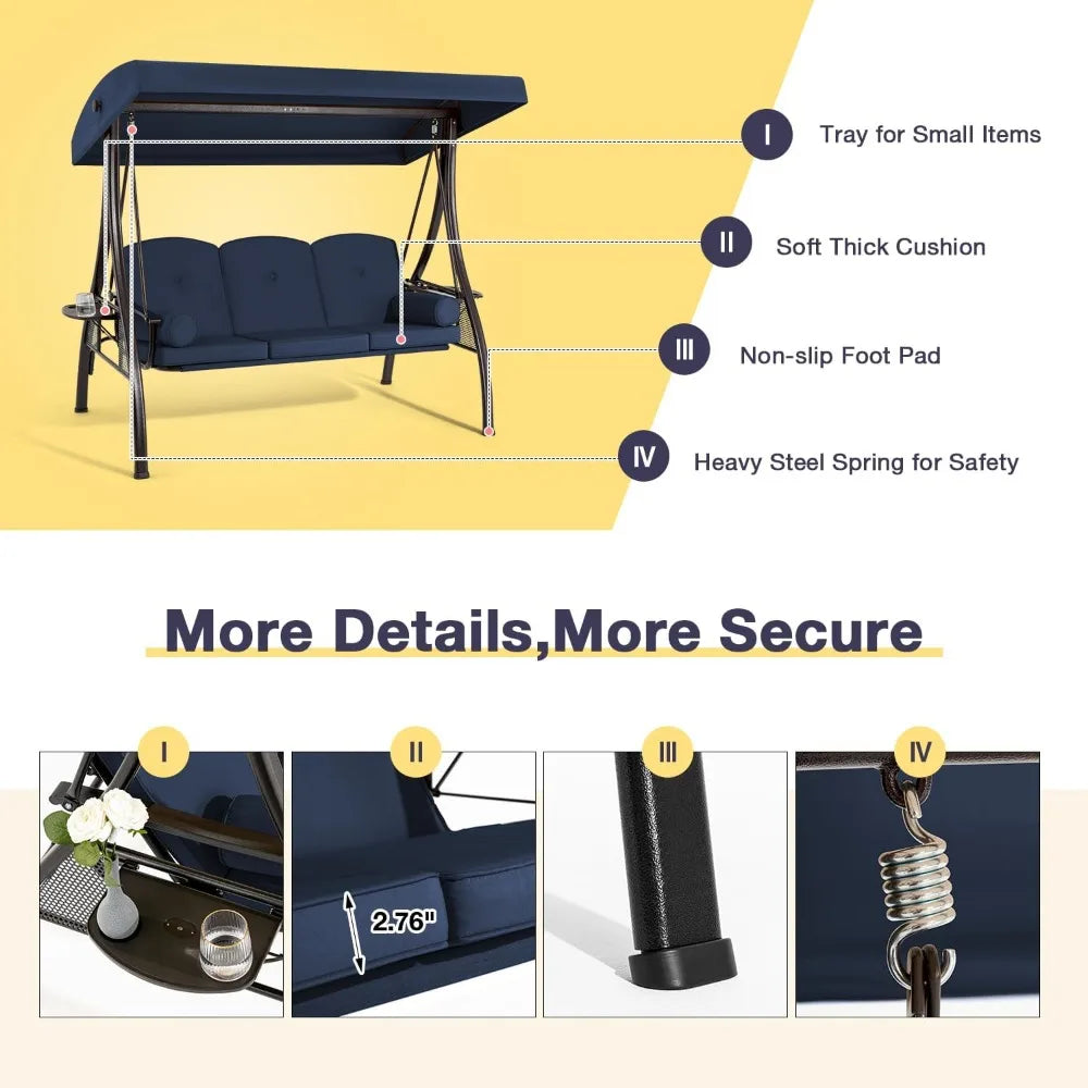 3 Person Outdoor Porch Swing with Adjustable Canopy and Deep Cup Holder Weather Resistant Patio Swing Bed