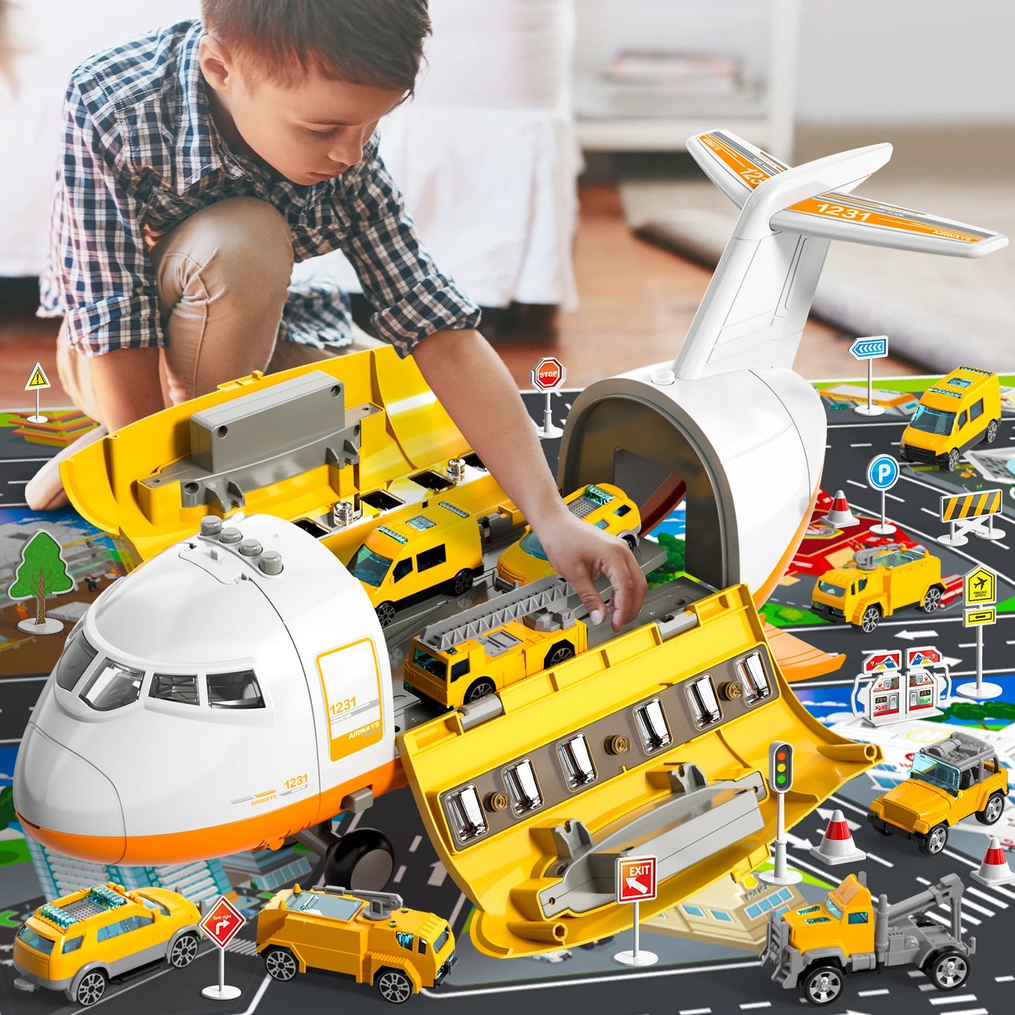 Airplane Kids Toys for Ages 4 to 8 Large Transport Spray Aeroplane with 10 Fire Truck Vehicles Birthday Gifts