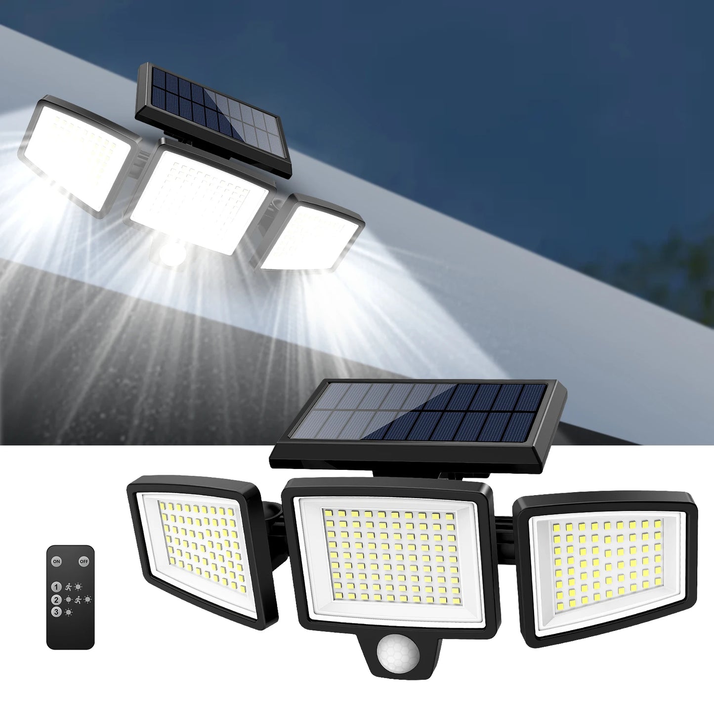 IP65 Waterproof Triple Head Outdoor Solar Light 210LED 2500LM Motion Sensor Safety Light for Porch Garage Yard Entrance Patio