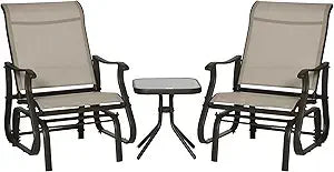 3-Piece Outdoor Gliders Set Bistro Set with Steel Frame, Tempered Glass Top Table for Patio, Garden, Backyard, Lawn, Cream Whit