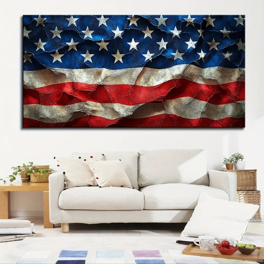 1.5 Inch Thick Pine Solid Wood Frame American Flag Wall Art Independence Day Canvas Home Decor