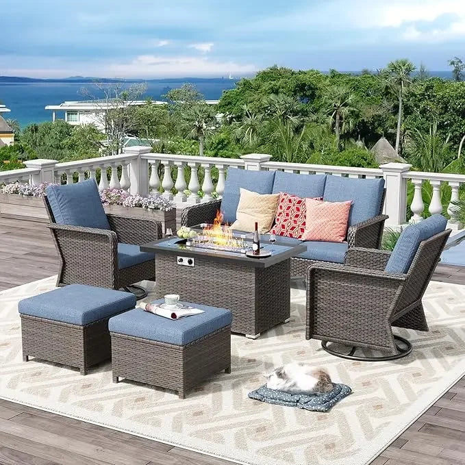 6 Piece Patio Furniture Set with Fire Pit Table 44 Inch Backyard Furniture with Swivel Chairs Loveseats and Ottoman Outdoor Patio