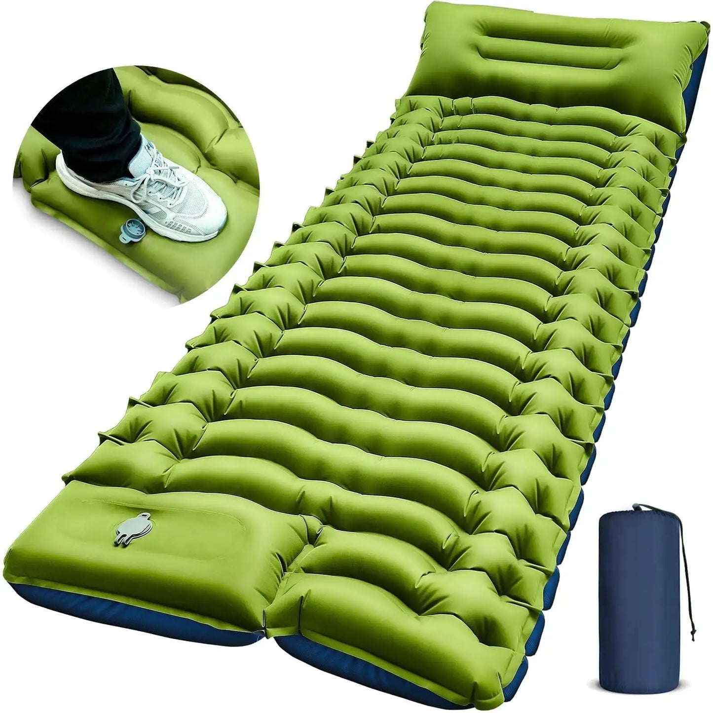 Double Camping Sleeping Pad Self Inflating 4 Inch Extra Thick for 2 Person with Built In Pillow and Foot Pump Inflatable Sleeping Mat