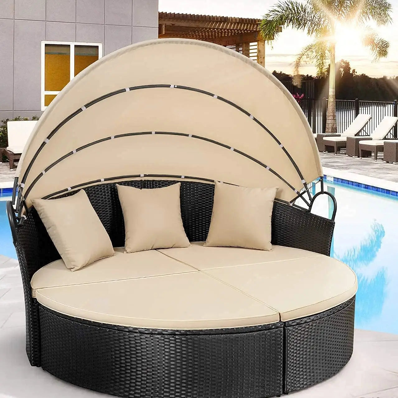 Outdoor Daybed With Retractable Canopy Rattan Cushions