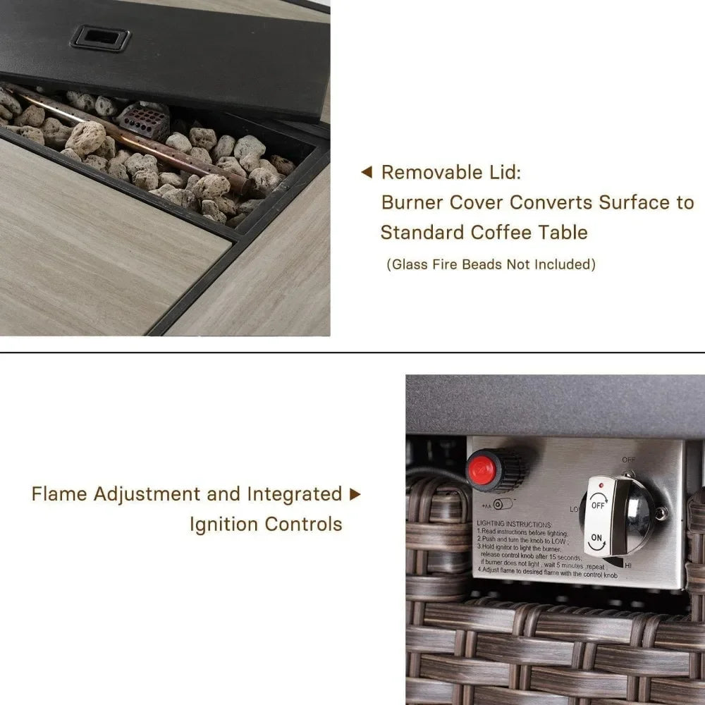 Outdoor Propane Fire Pit Table with Cover 43 Inch 50000 BTU Wicker Rectangle for Patio