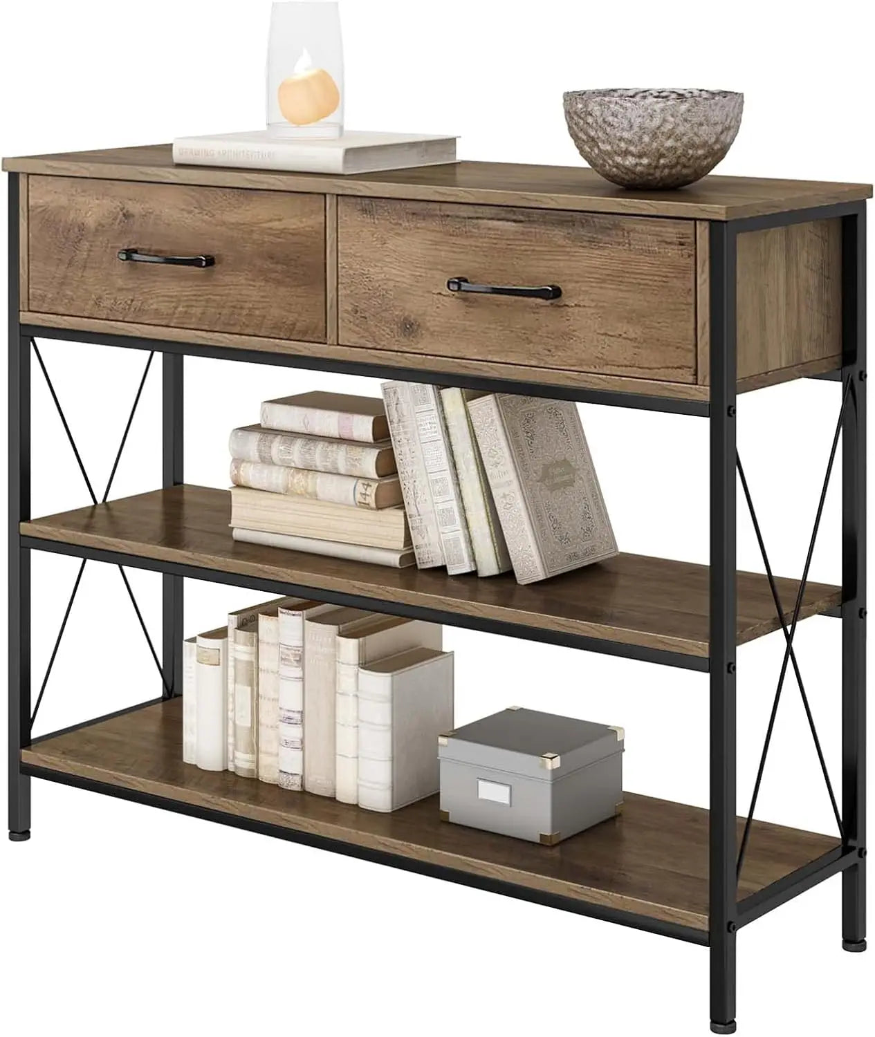 47.2 Inch Console Table with 3 Drawers Narrow Long Entryway Table and 3 Tier Storage Shelves Industrial Sofa Foyer Table