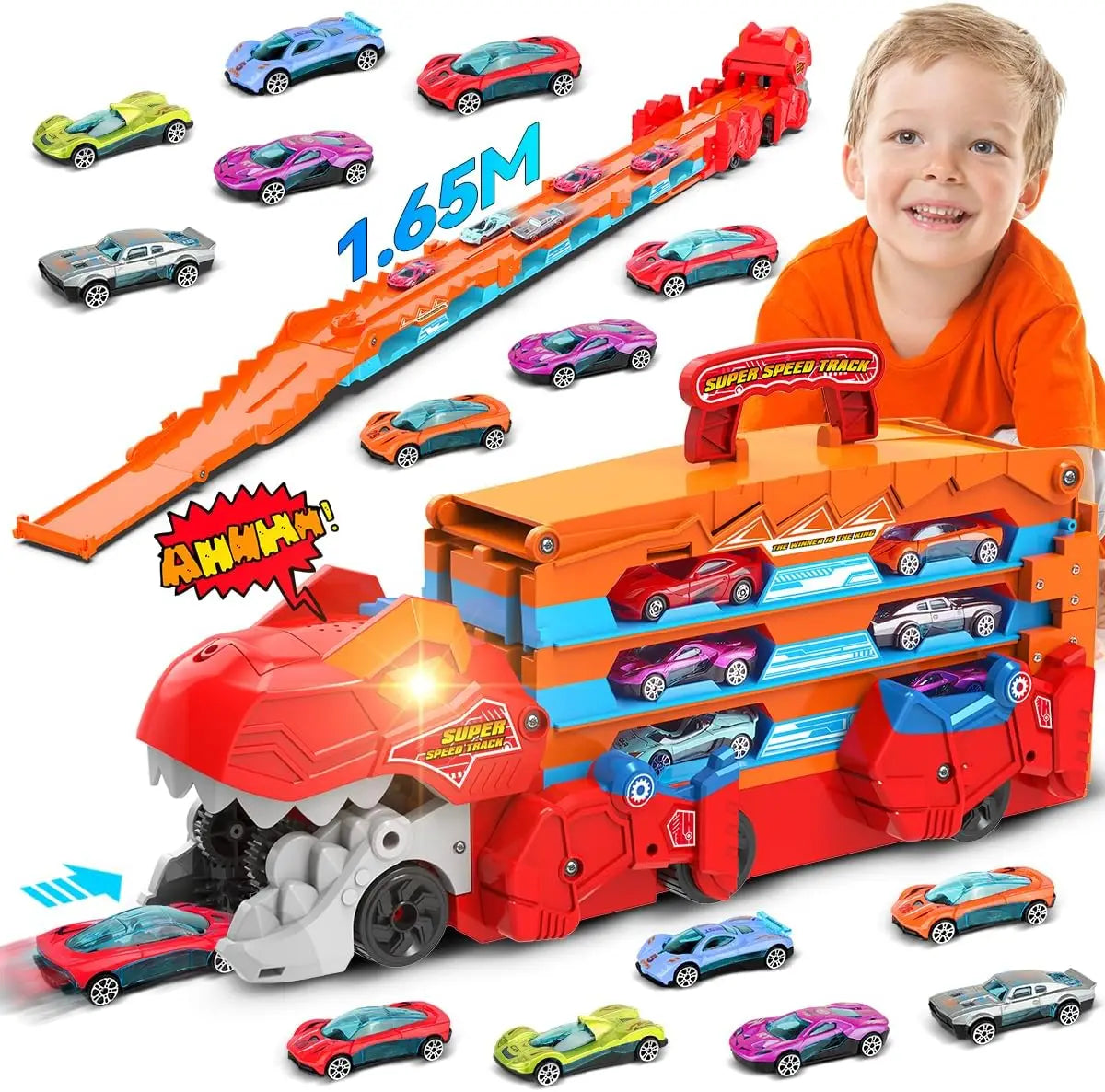 Dinosaur 3 In 1 Transport Truck Car Toys for Boys Age 3 Plus with 8 Race Cars Ejection Folding Portable Track Toy with Sound for Kids