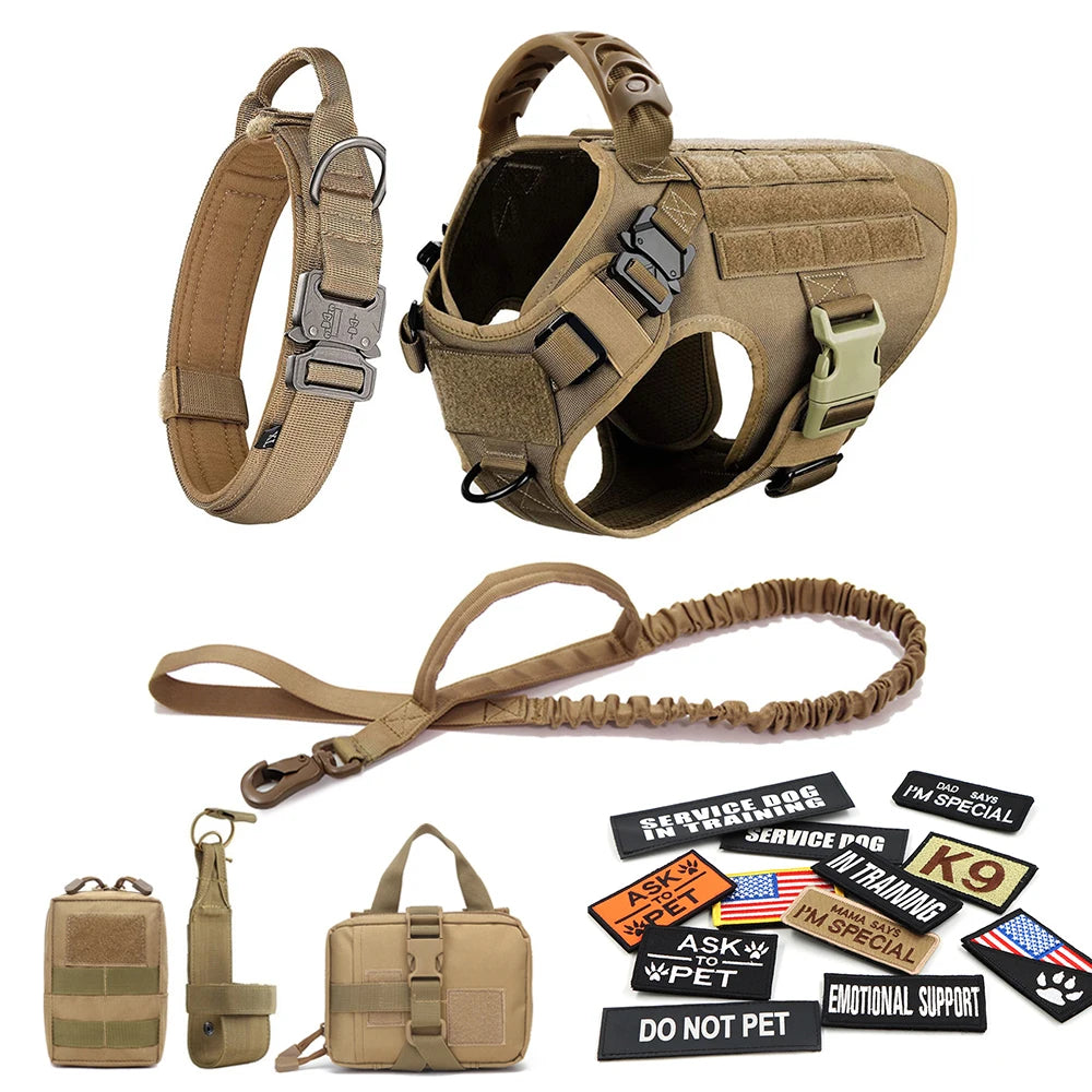 Military Large Dog Harness Collar Leash Bags Patches Set Tactical Vest for Malinois Training