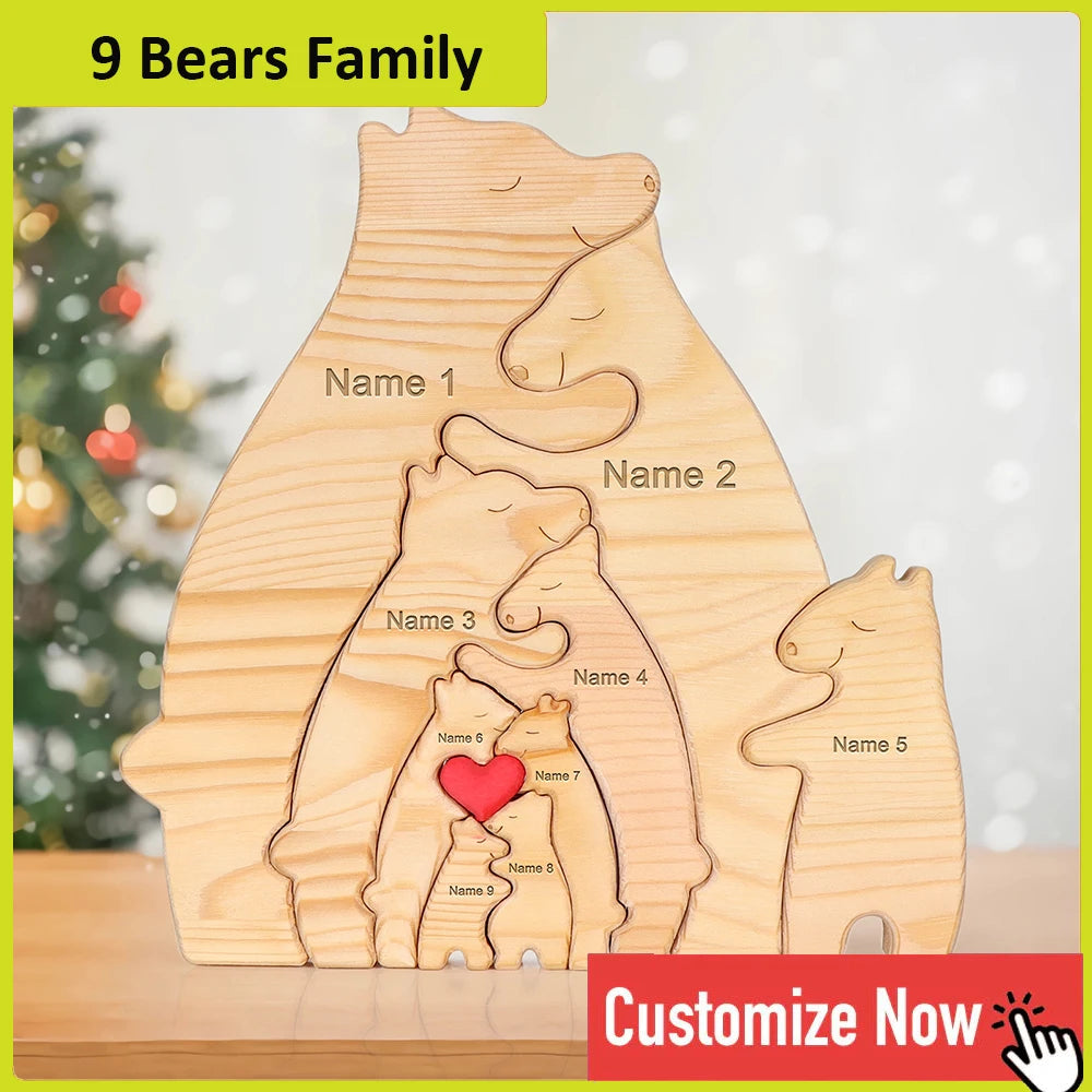 Personalized Custom Bear Family Wooden Puzzle DIY Free Engraving Name Desk Decor Figurine Christmas Birthday Gift
