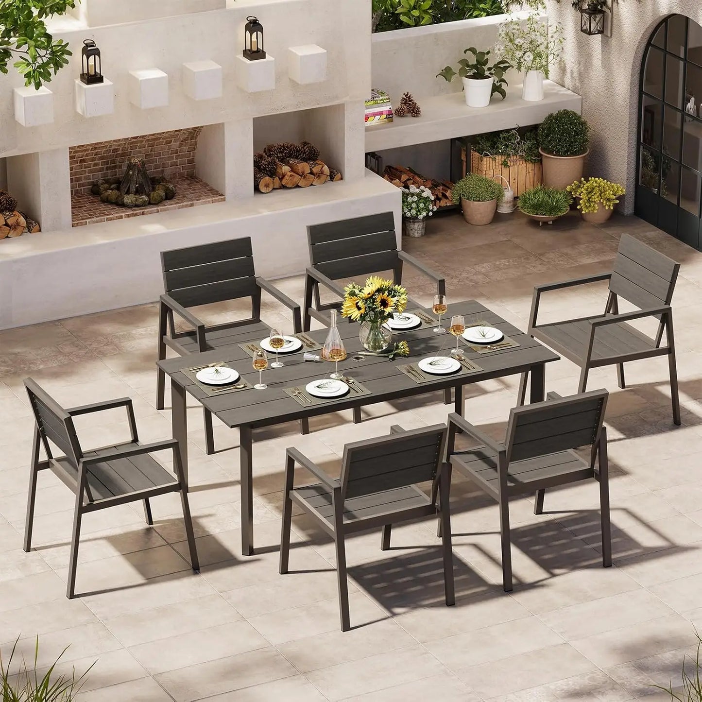 Outdoor Dining Set for 6 with Umbrella Hole 7 Pieces HDPS Patio Table and Chairs Set