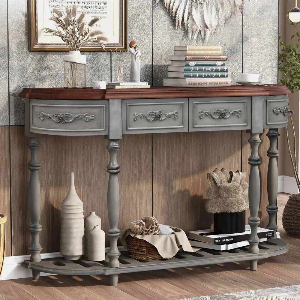 Retro Wood Curved Console Table 52 Inch Half Moon Hall Sofa Table with Drawers and Shelf for Living Room Entryway Furniture