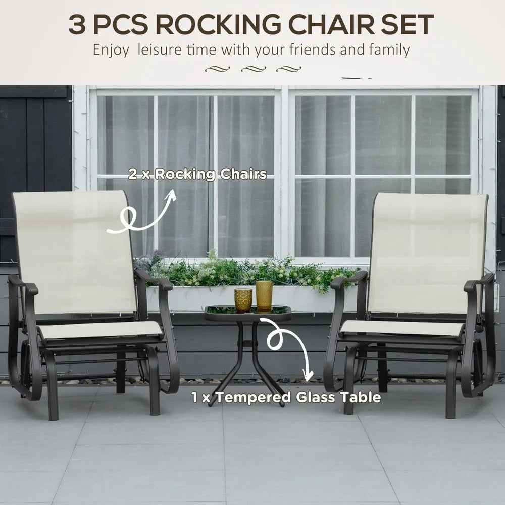 3-Piece Outdoor Gliders Set Bistro Set with Steel Frame, Tempered Glass Top Table for Patio, Garden, Backyard, Lawn, Cream Whit