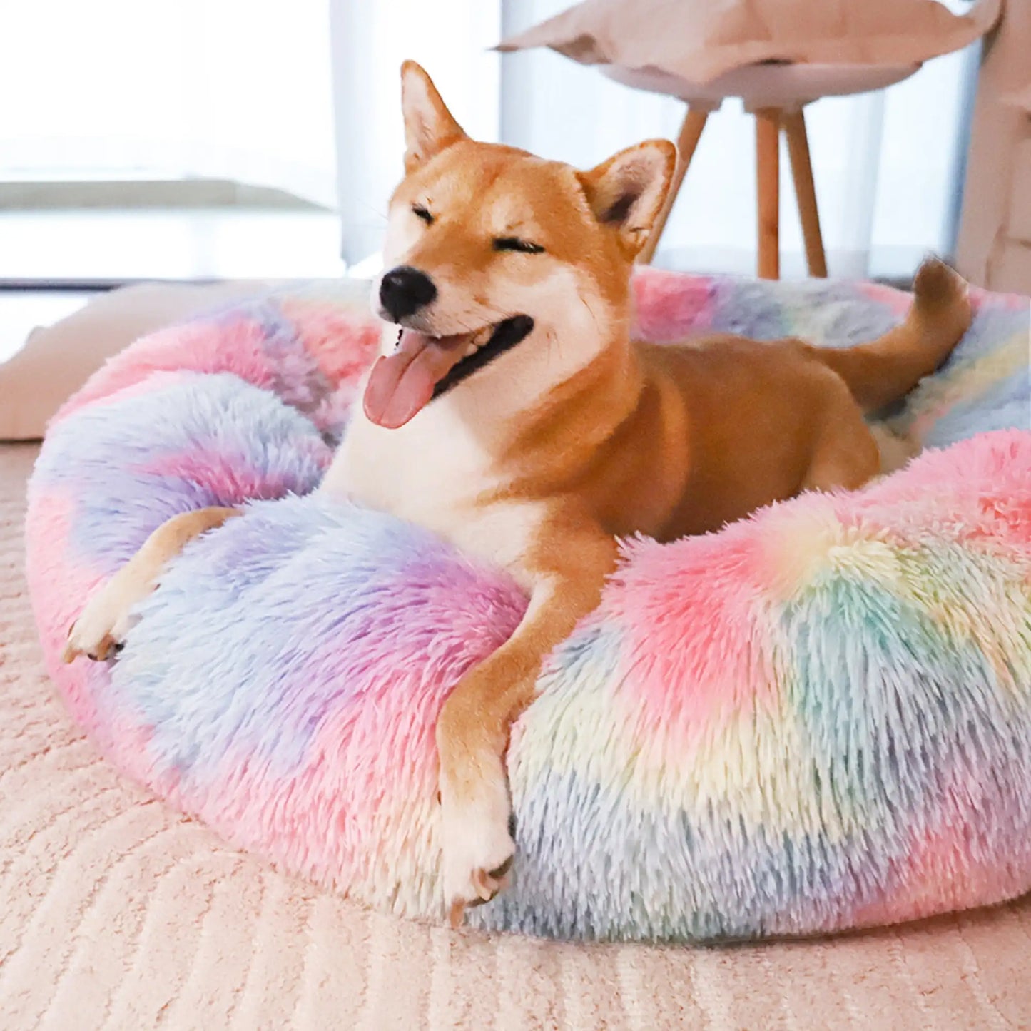 Calming Donut Pet Bed for Large Dogs 36 Inch Anti Anxiety Plush Cozy Warming Dog Bed Pink Rainbow