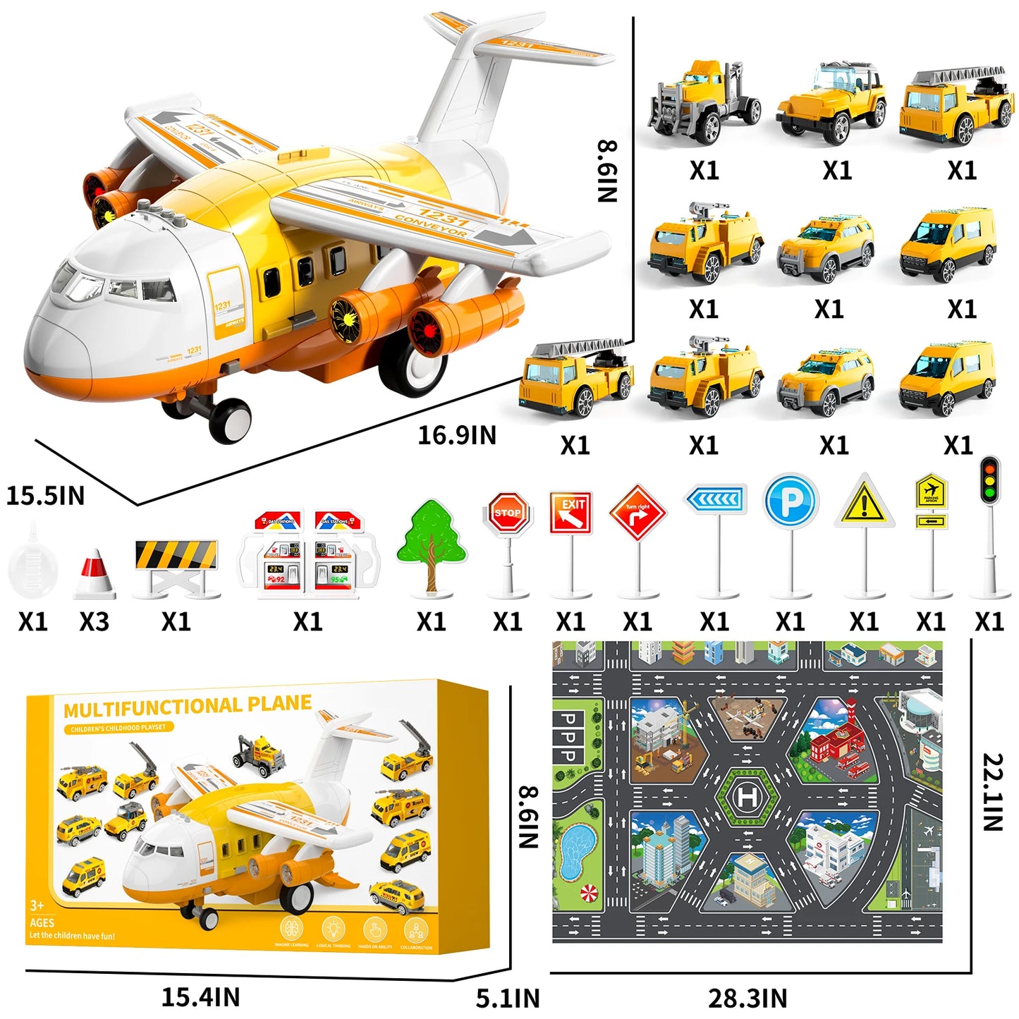 Airplane Kids Toys for Ages 4 to 8 Large Transport Spray Aeroplane with 10 Fire Truck Vehicles Birthday Gifts