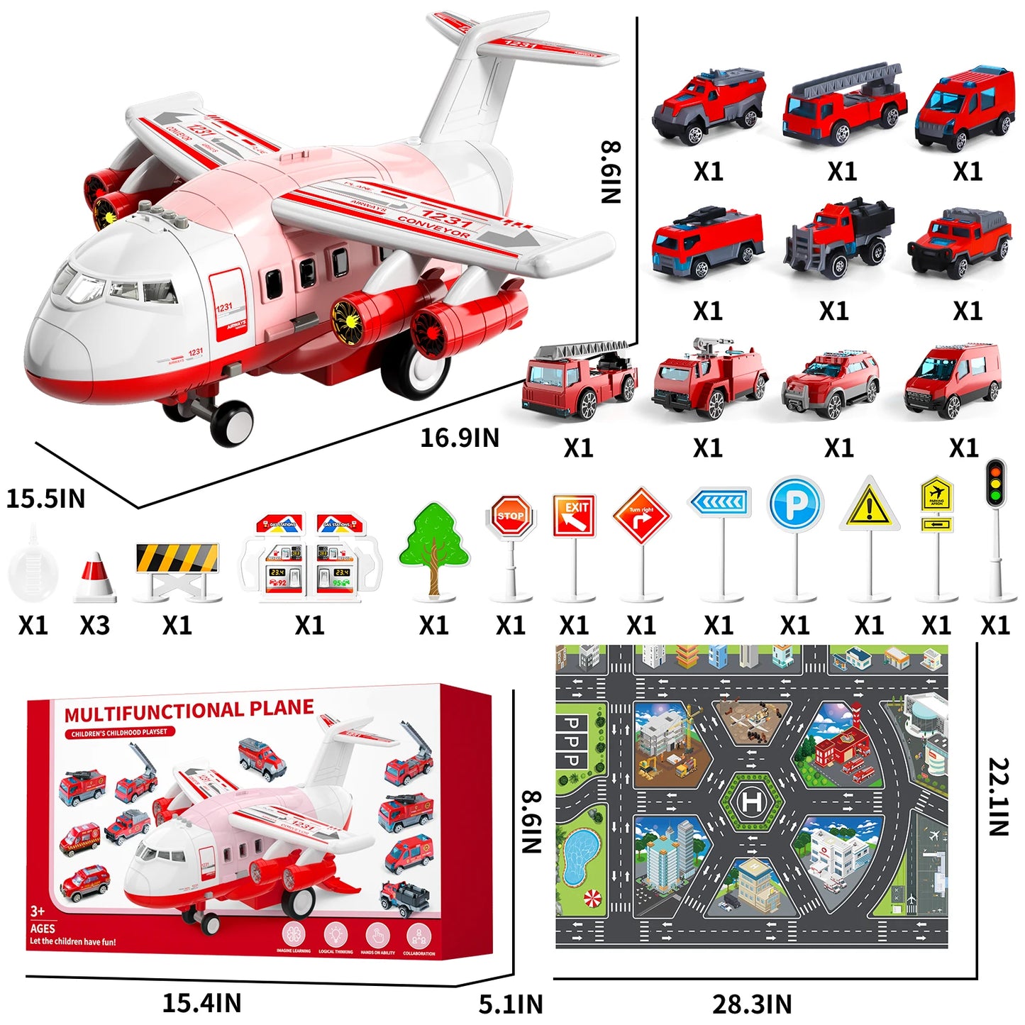 Airplane Kids Toys for Ages 4 to 8 Large Transport Spray Aeroplane with 10 Fire Truck Vehicles Birthday Gifts