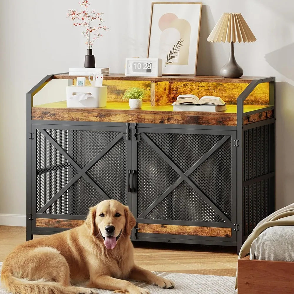 43.3 Inch Dog Crate Furniture with Storage Shelves and LED Light Heavy Duty Dog Kennel Indoor Wooden Dog Cage End Table with Hooks