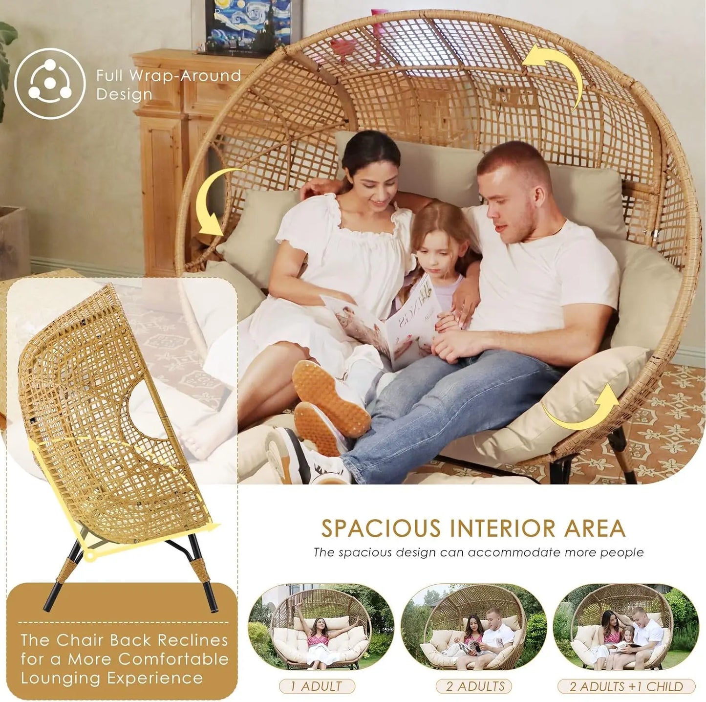 Double Egg Chair Indoor Outdoor Stationary Oversized Padded Cushions Two Person Egg Loveseat Chair 680 Pounds Extra Large Lounge Chair for Patio Balcony Porch Backyard Beige