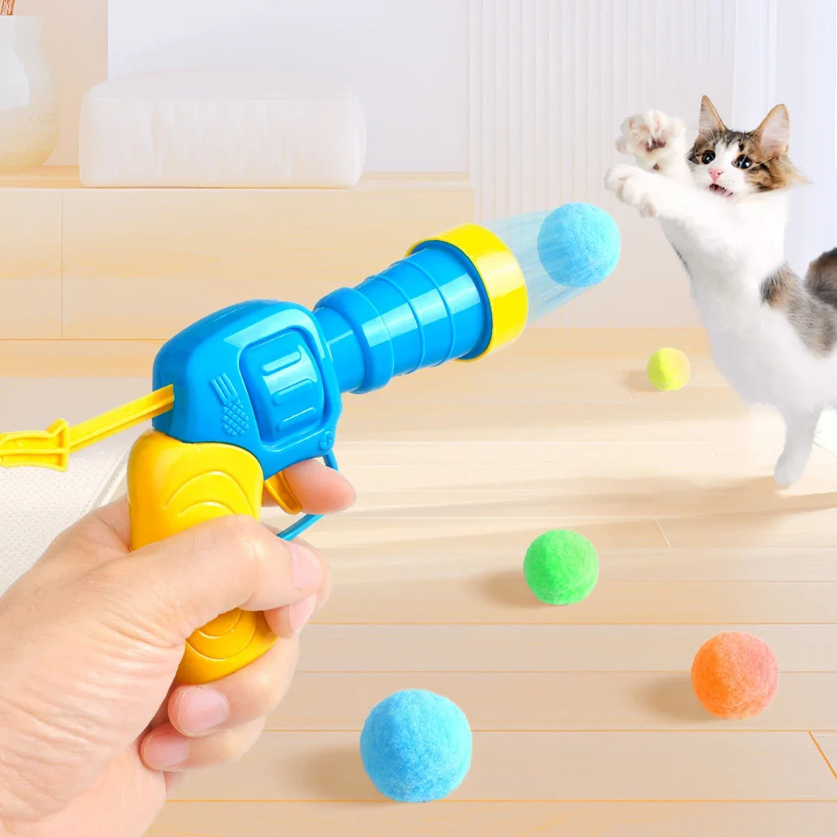 Cat Toy Ball Launcher Gun with 50 to 100 Piece Pom Pom Plush Balls Interactive Fetch Shooting Gun for Cats