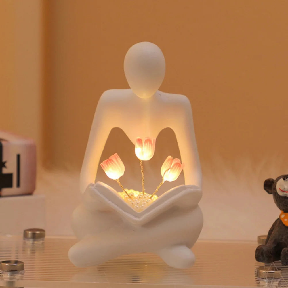 Desktop Thinker Sculpture Ornament Abstract Figure Statue Tulip Book Lamp Home Living Room Decoration Resin Crafts Birthday Gift