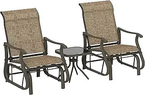 3-Piece Outdoor Gliders Set Bistro Set with Steel Frame, Tempered Glass Top Table for Patio, Garden, Backyard, Lawn, Cream Whit