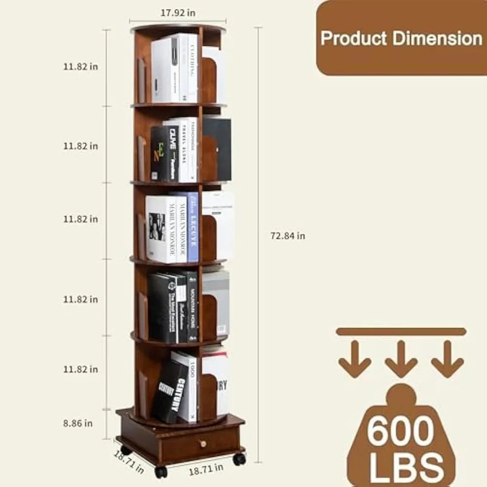 Solid Wood Rotating Bookshelf Tower 360 Round Revolving Bookcase with Drawers Spinning Bookshelf for Home Office Study Room Walnut